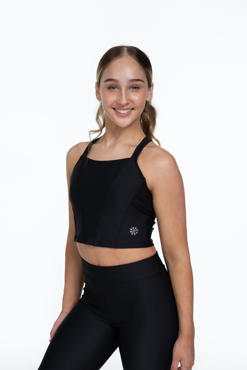 Bloch Flo Active Shelby Seamed Cross Back Kids' Tops Black | YILVQ99025